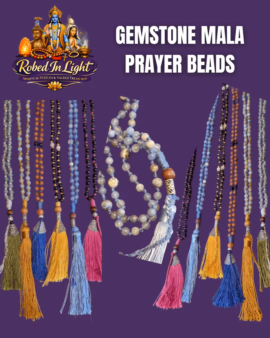 PAINTED BLUE WHITE SPECKLED WOODEN MALA PRAYER BEADS
