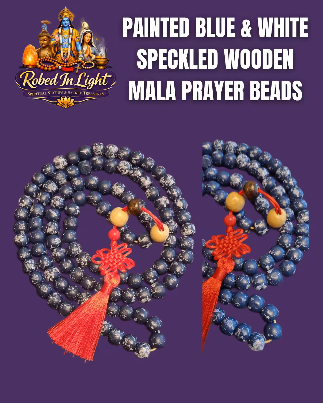 PAINTED BLUE WHITE SPECKLED WOODEN MALA PRAYER BEADS